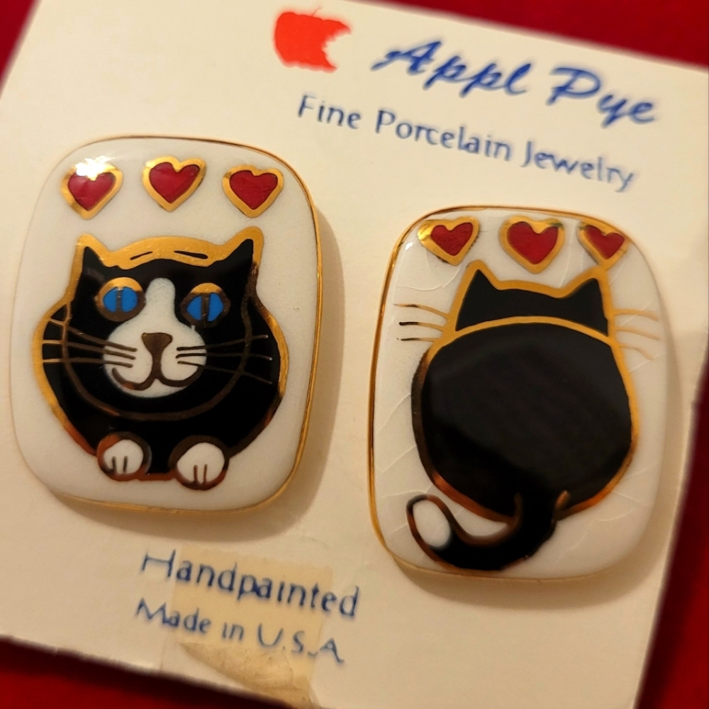 Cat Porcelain Earrings - Black and White